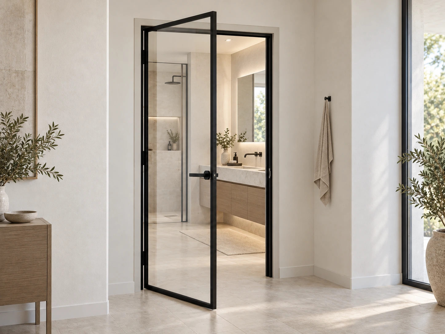 Slim black framed glass swing door at a bright bathroom entrance