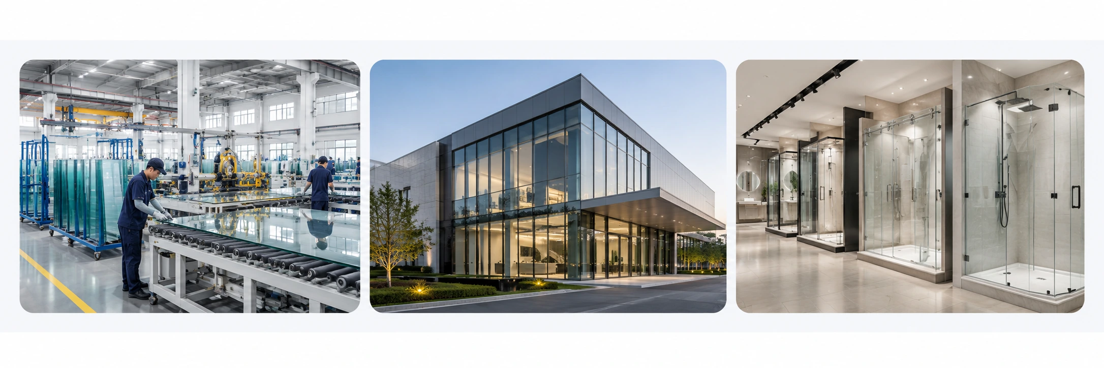 Three photographs showing shower glass production, a company building and a shower enclosure showroom