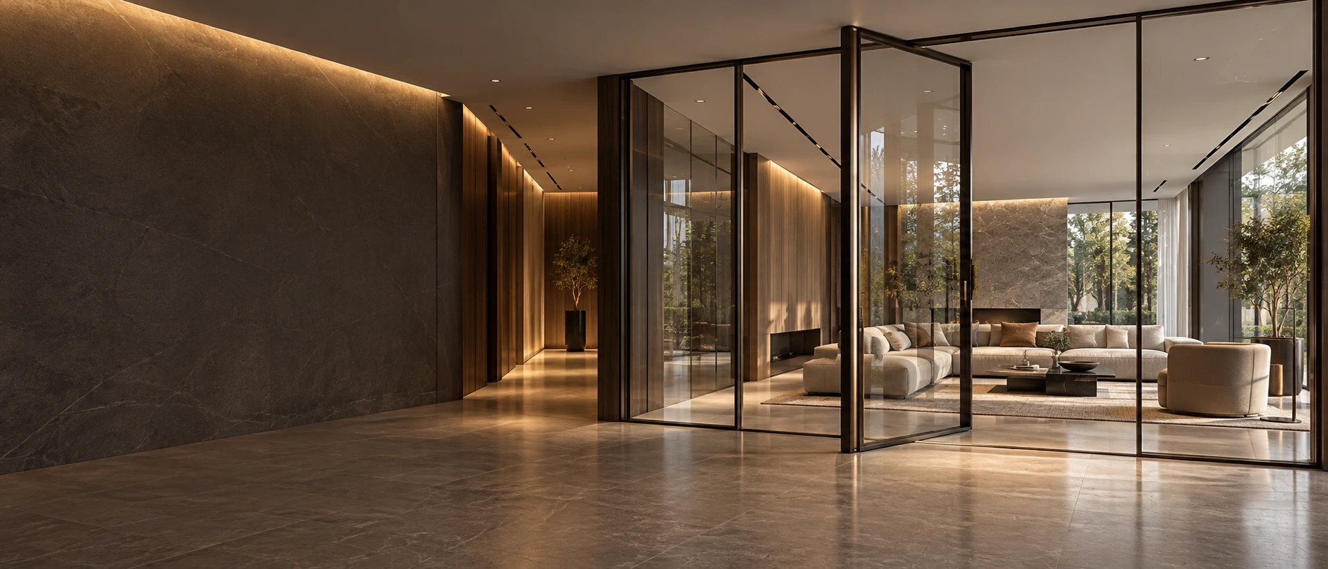 Warm modern residence with floor-to-ceiling slim framed glass doors