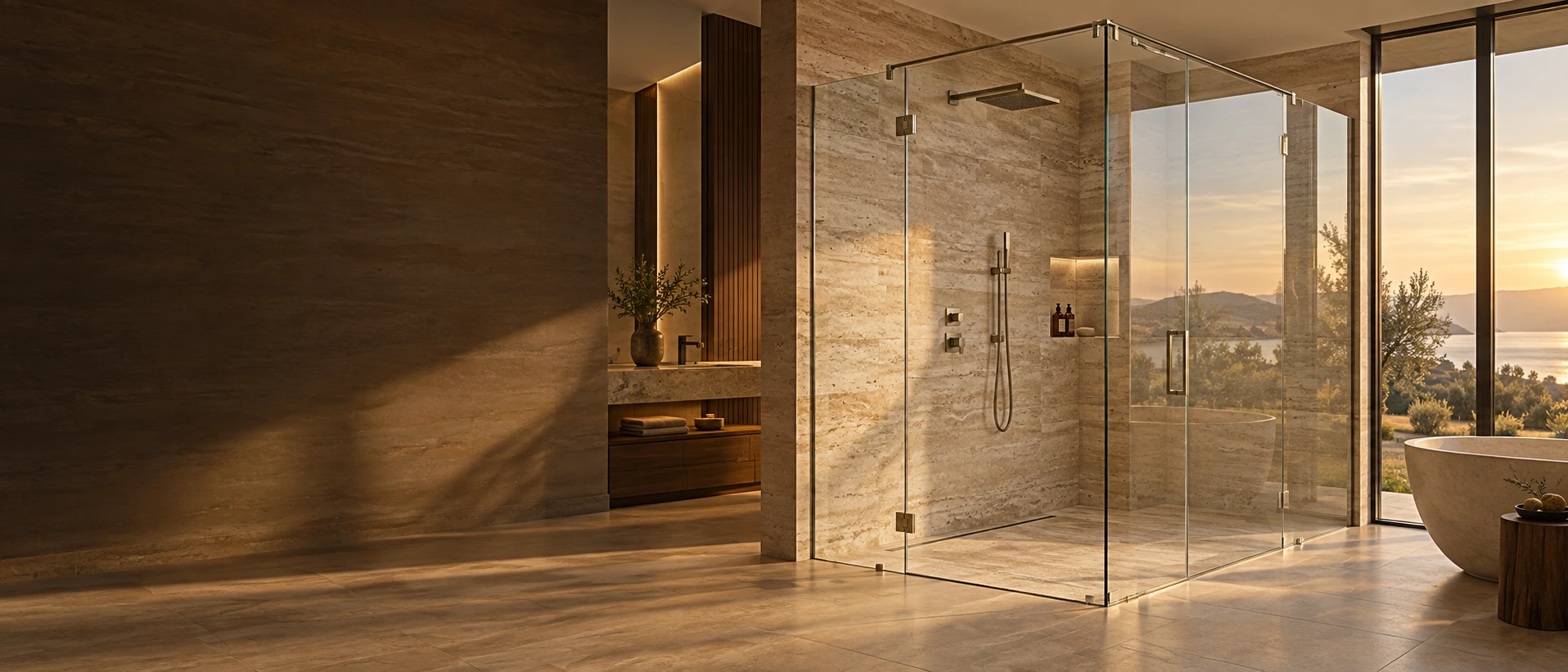 Luxury frameless glass shower enclosure in a warm stone bathroom