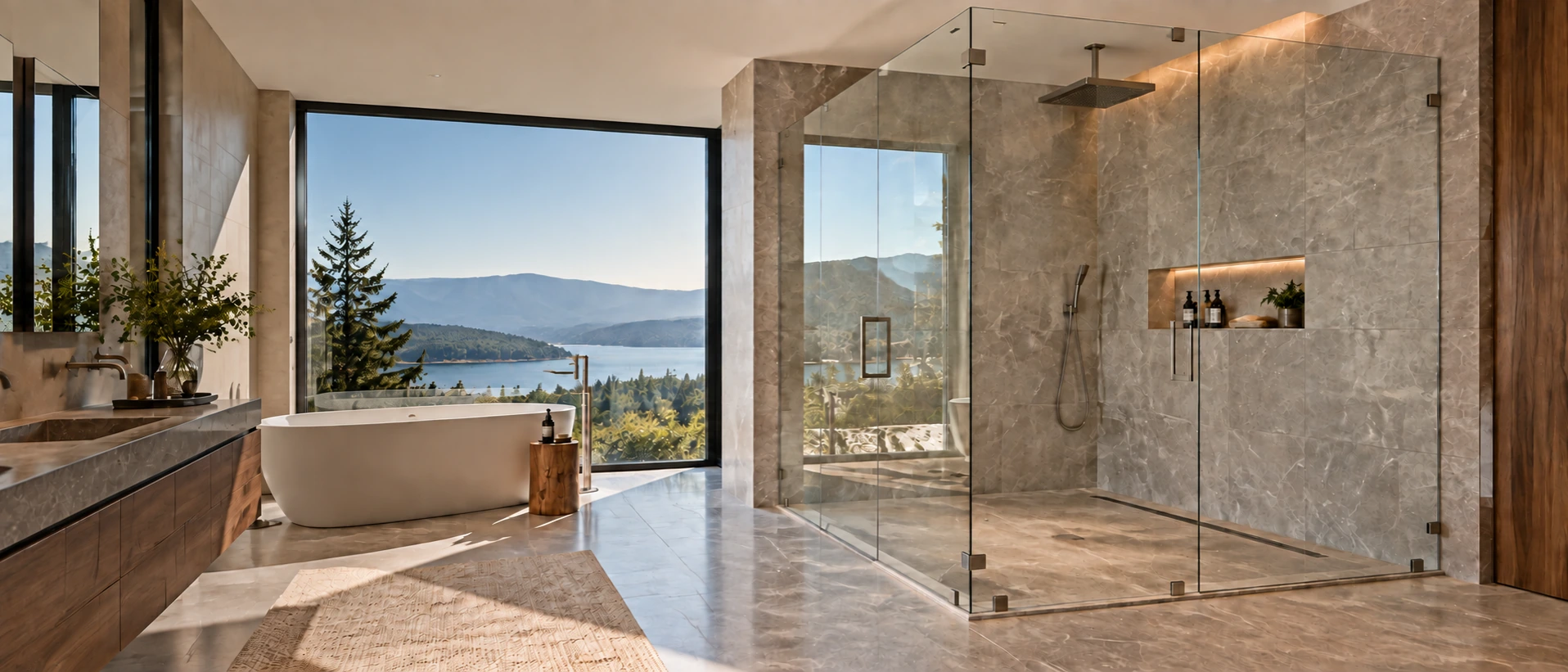 Frameless glass shower enclosure overlooking a lake